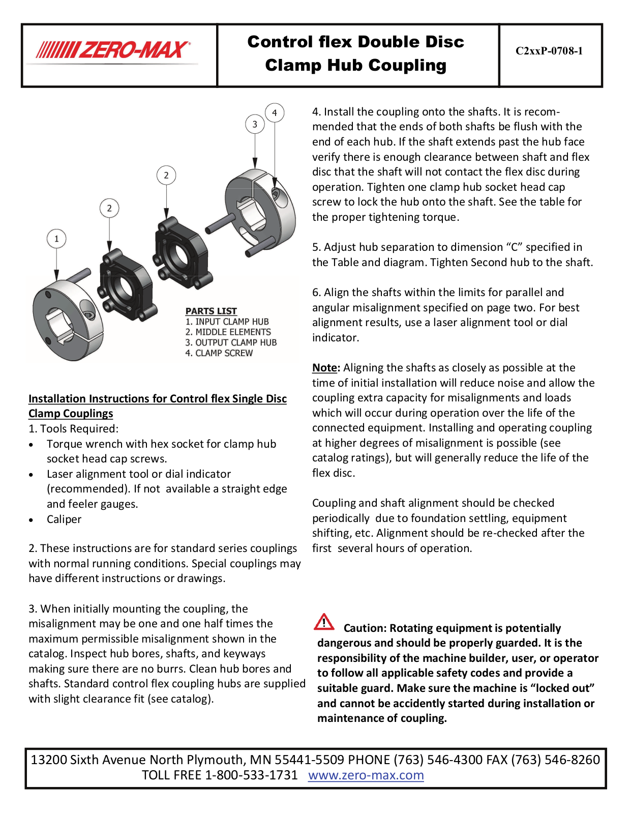 Zero-Max Control flex Double Disc Clamp Hub Coupling User Manual