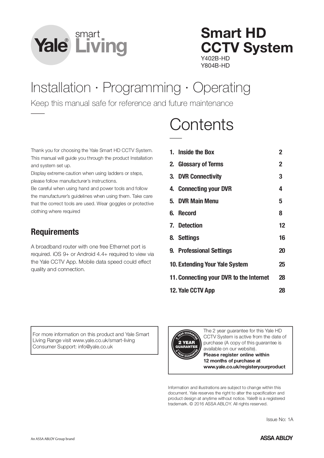 Yale Y804B-HD Installation, Programming, Operating Manual