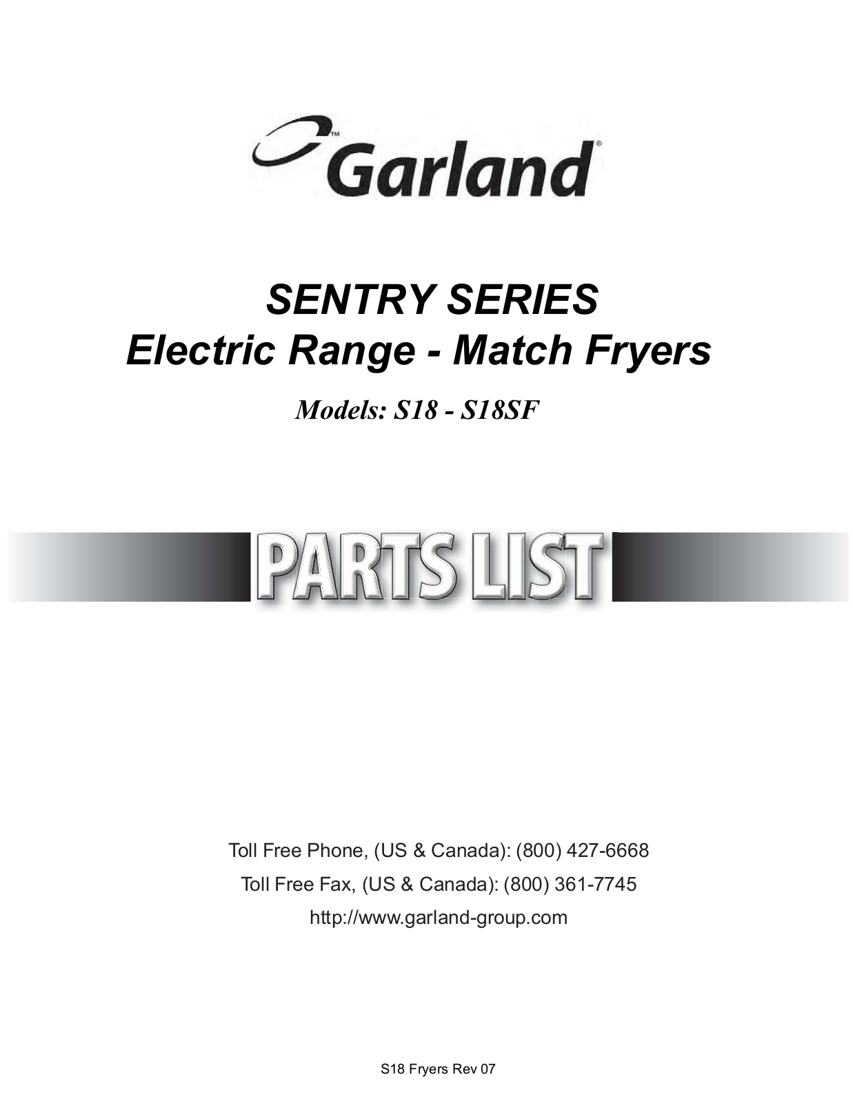 Garland S18SF Parts List