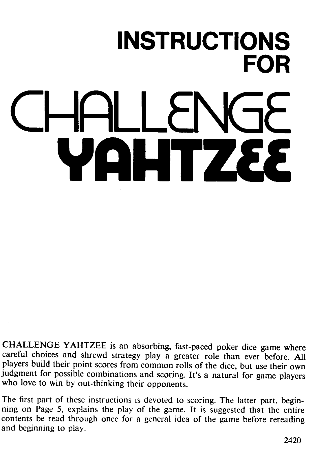 Hasbro Challenge Yahtzee User Manual