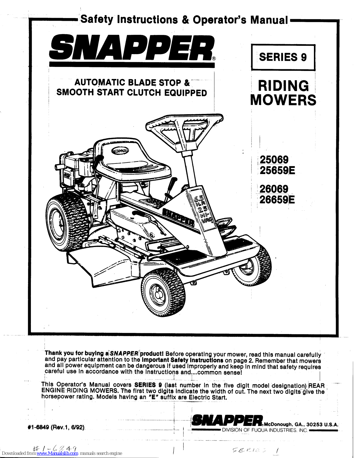 Snapper 25069,25069E,26069,26659E Safety Instructions & Operator's Manual