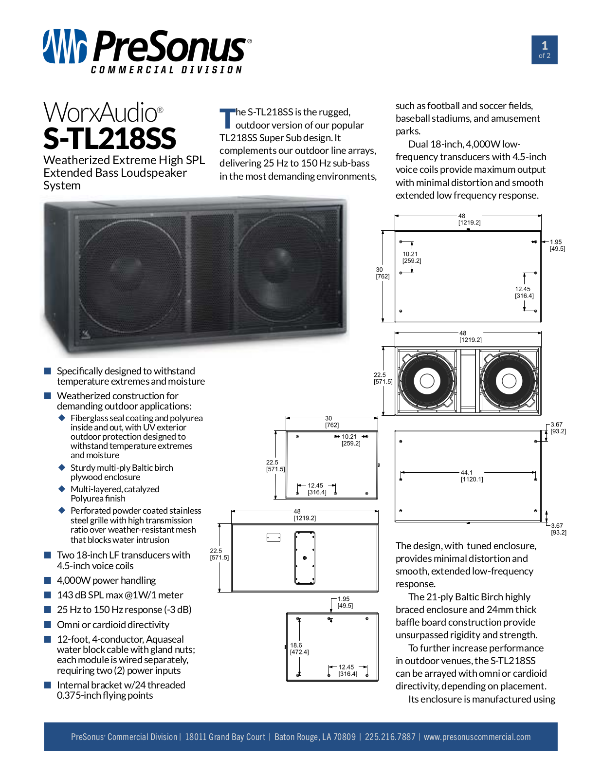 PreSonus S-TL218SS Data Sheet