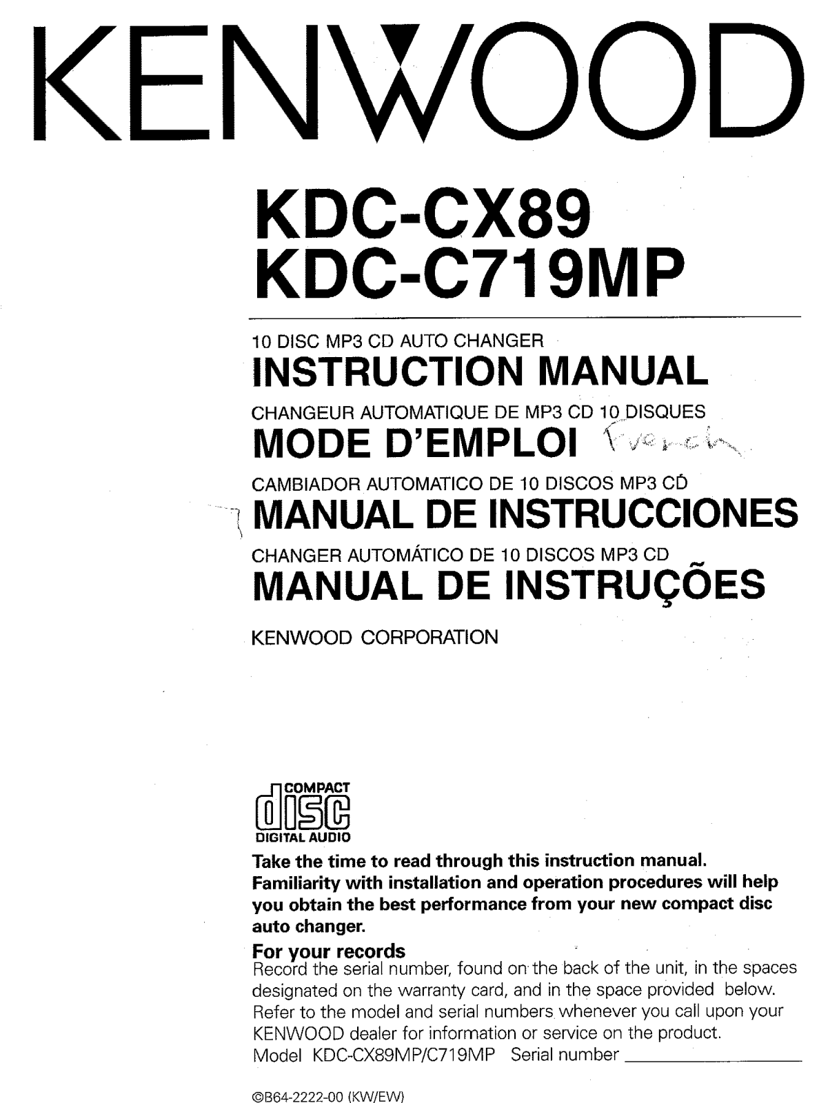 Kenwood KDC-CX89, KDC-C719MP Owner's Manual