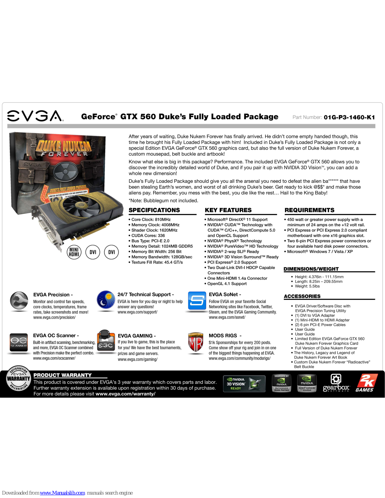 EVGA GeForce GTX 560 - Duke s Fully Loaded Package, 01G-P3-1460-K1 Specification - ManualMachine.com