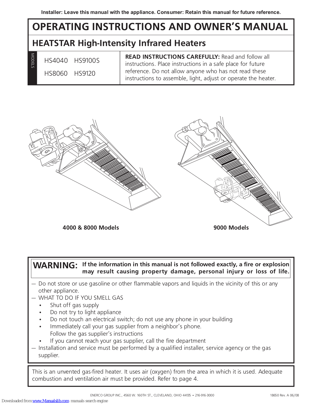 Enerco HEATSTAR HS4040, HEATSTAR HS8060, HS9100S, HEATSTAR HS9120, HEATSTAR HS9100S Operating Instructions And Owner's Manual