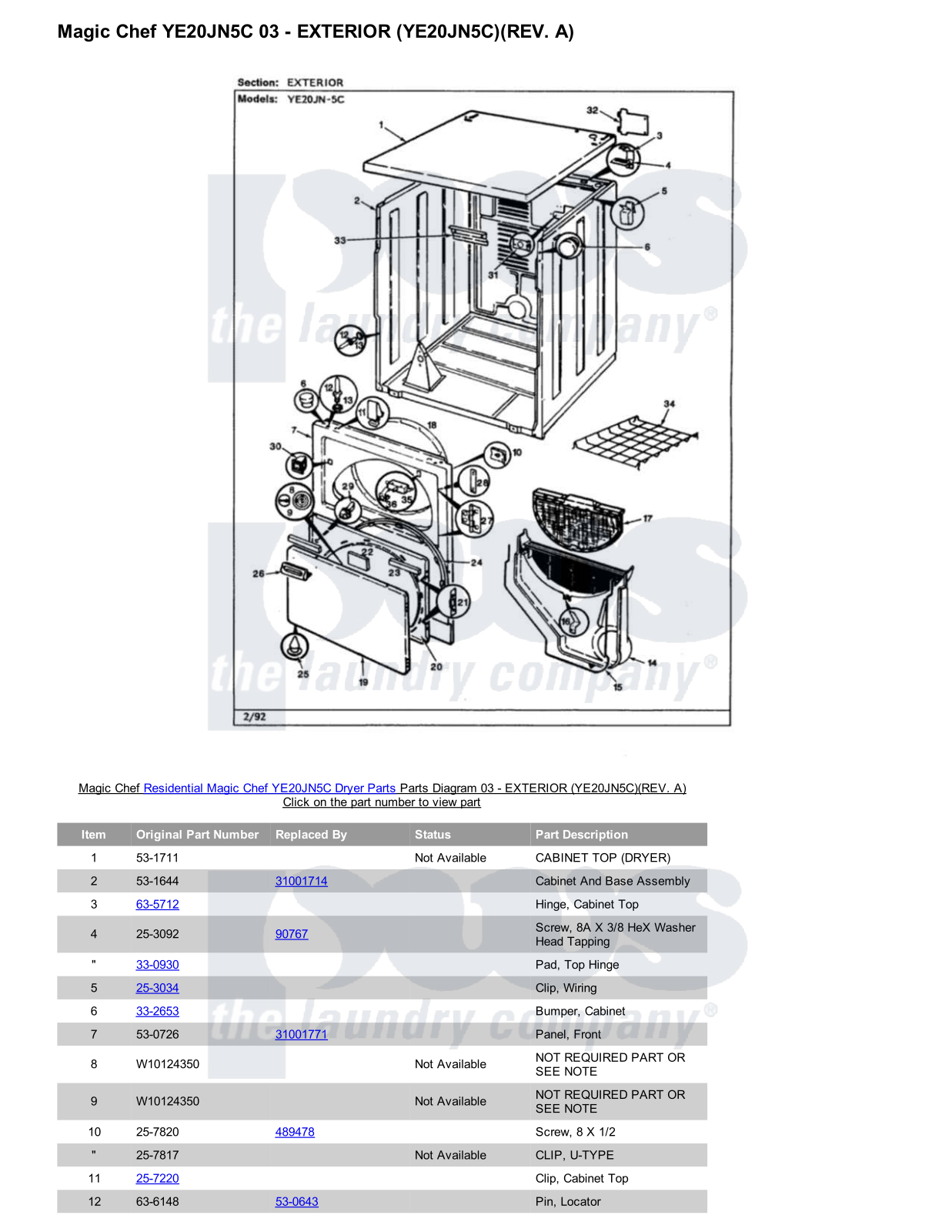 Magic Chef YE20JN5C Parts Diagram