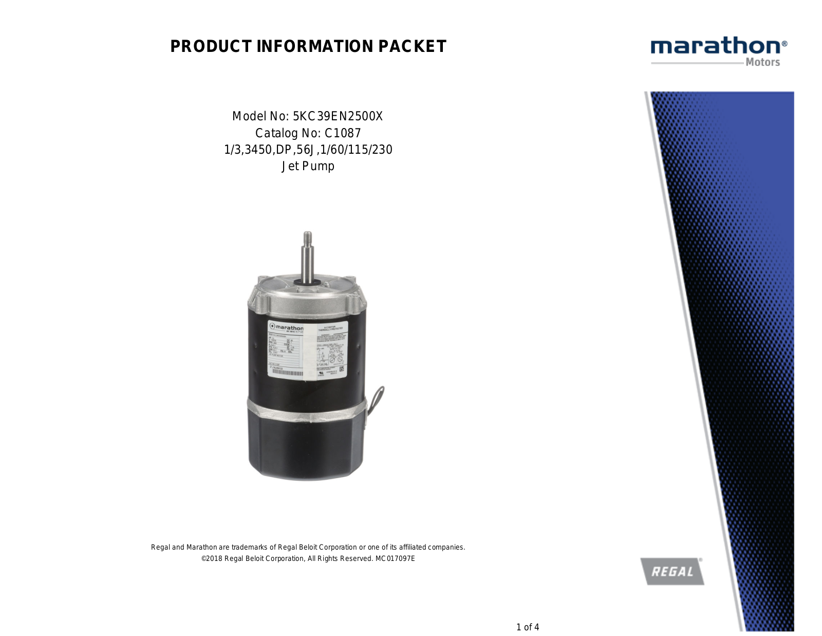 Marathon Electric 5KC39EN2500X Product Information Packet