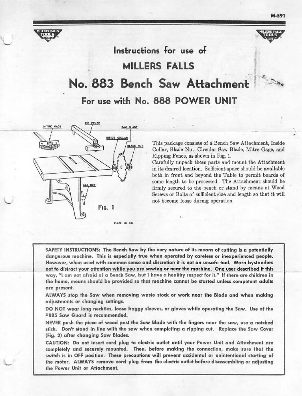 Millers Falls No. 883 Bench Saw Attachment Table Saws - ManualMachine.com
