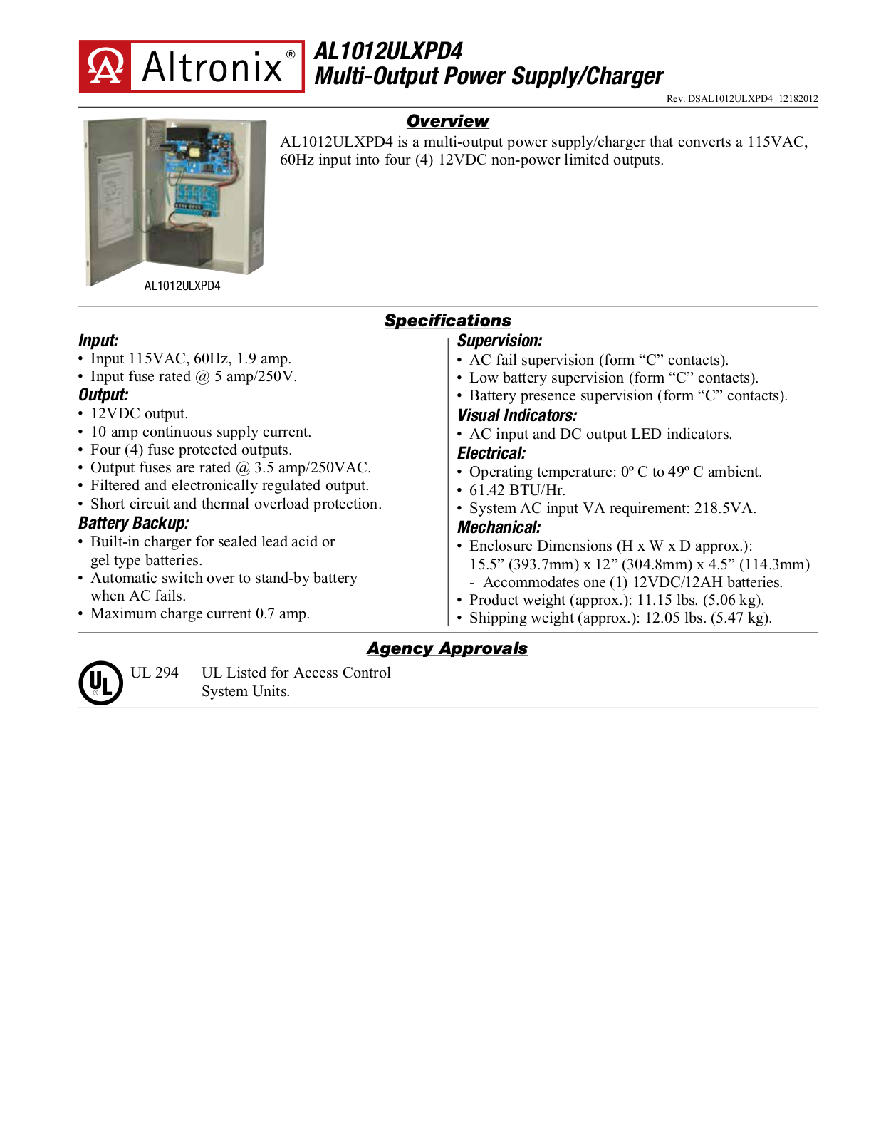 Altronix AL1012ULXPD4 Specsheet