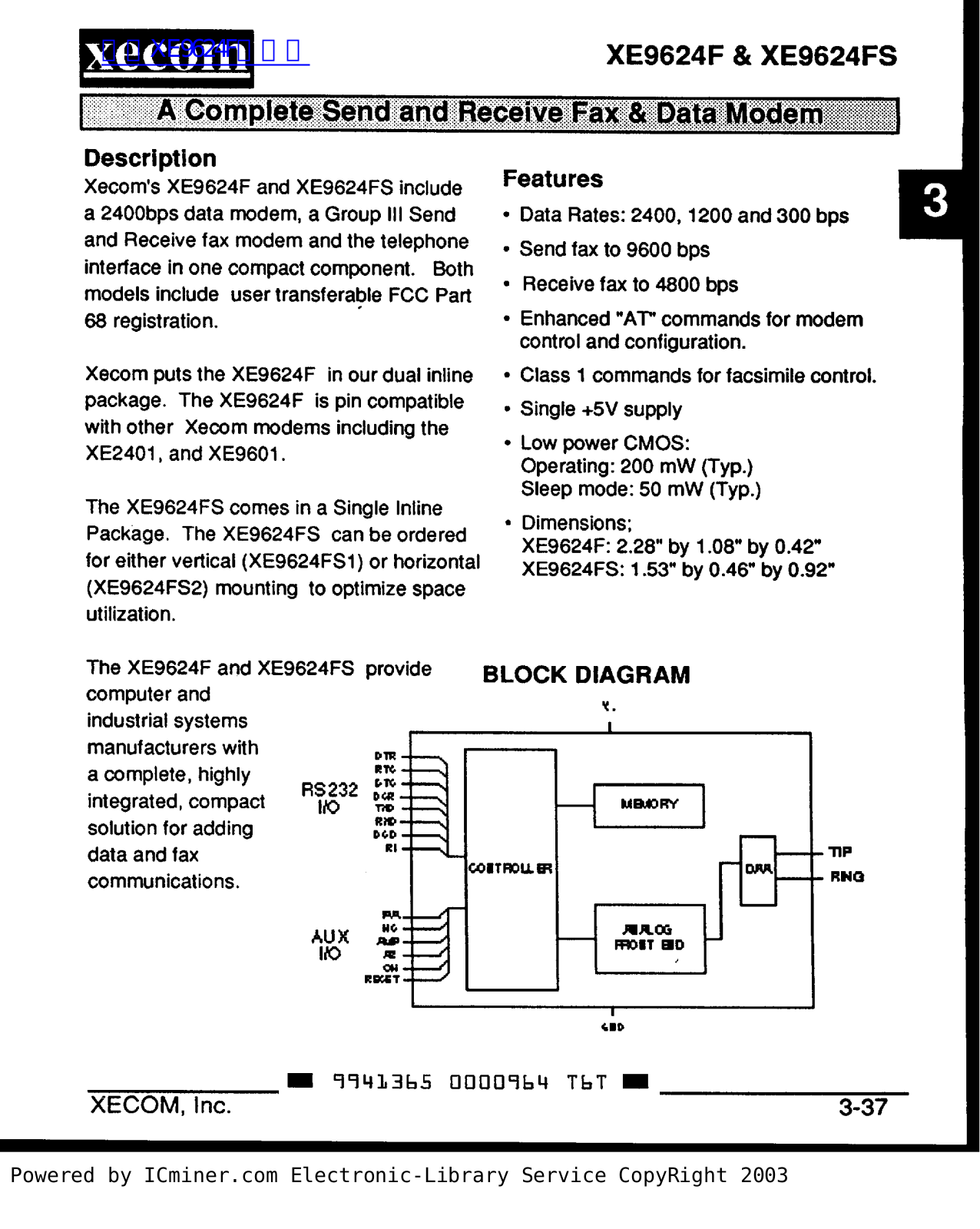 XECOM XE9624F, XE9624FS Technical data