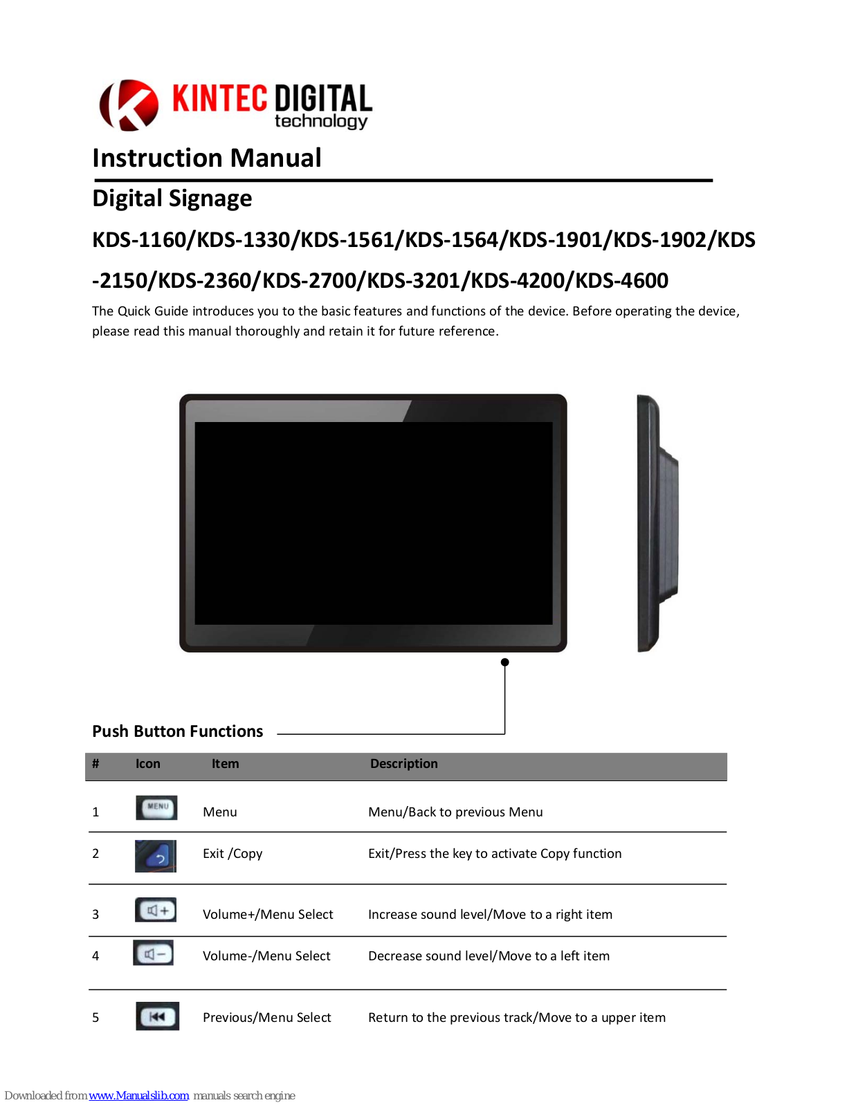 Kintec Digital Technology KDS?1160, KDS-1330, KDS-1561, KDS-1564, KDS-1901 Instruction Manual