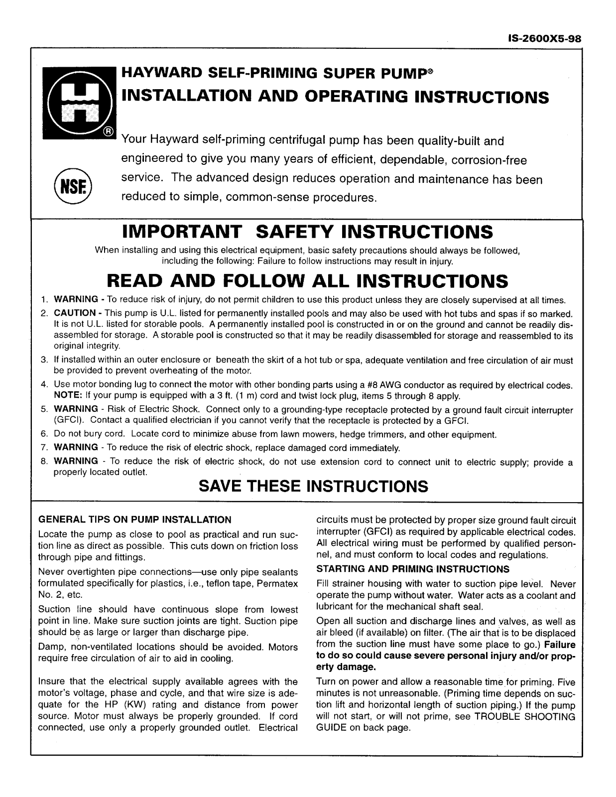 HAYWARD SELF-PRIMING SUPER PUMP installation Guide