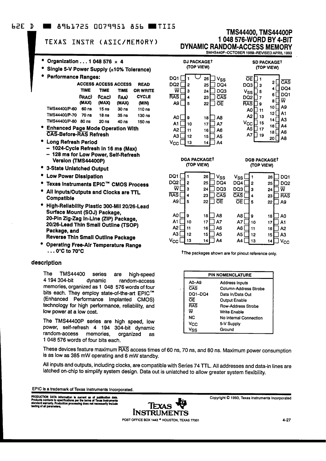 Texas Instruments TMS44400-80SD, TMS44400-80DJ, TMS44400-80DGB, TMS44400-80DGA, TMS44400-70SD Datasheet