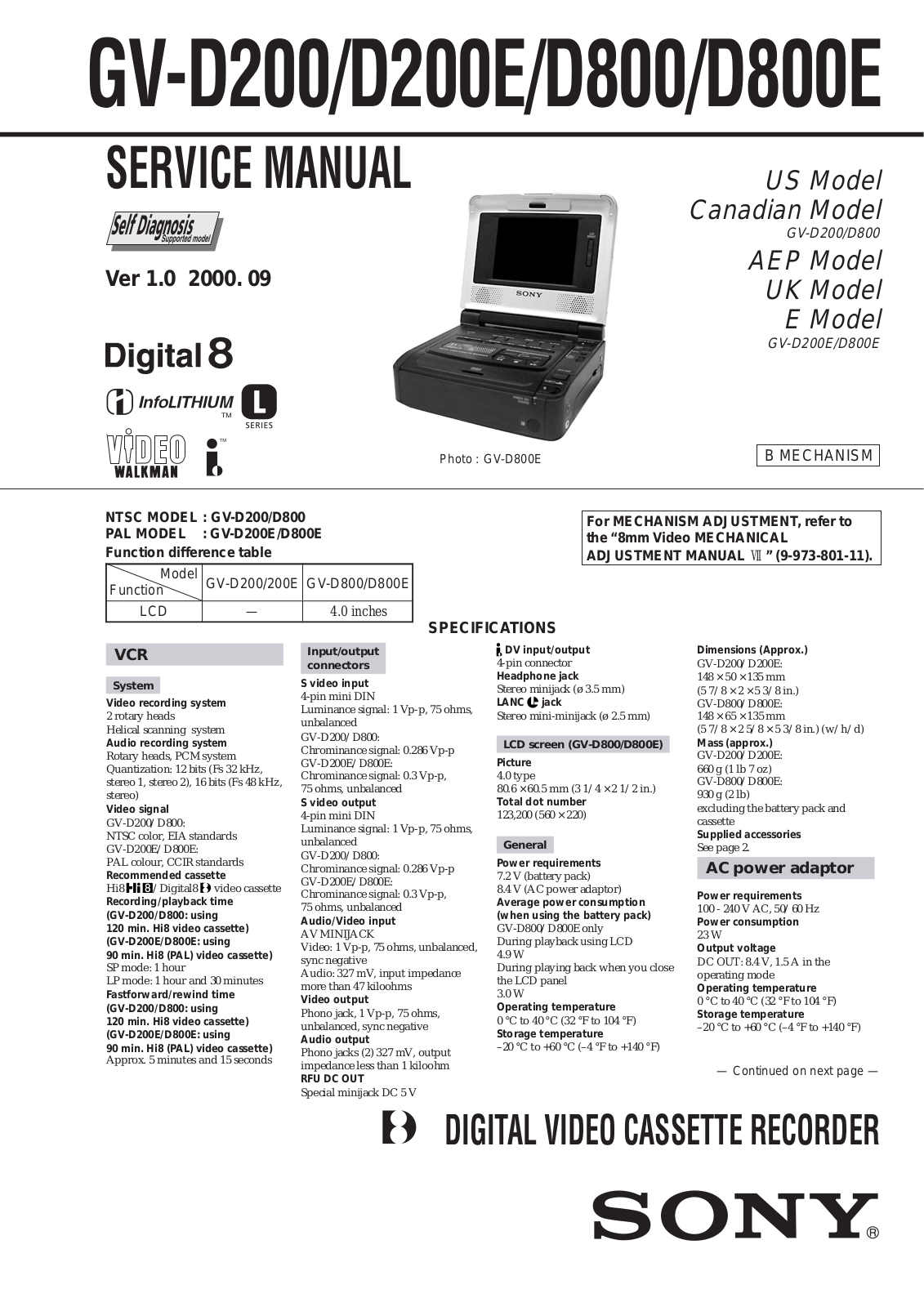 Sony GV-D200, D200E, D800, D800E Service manual