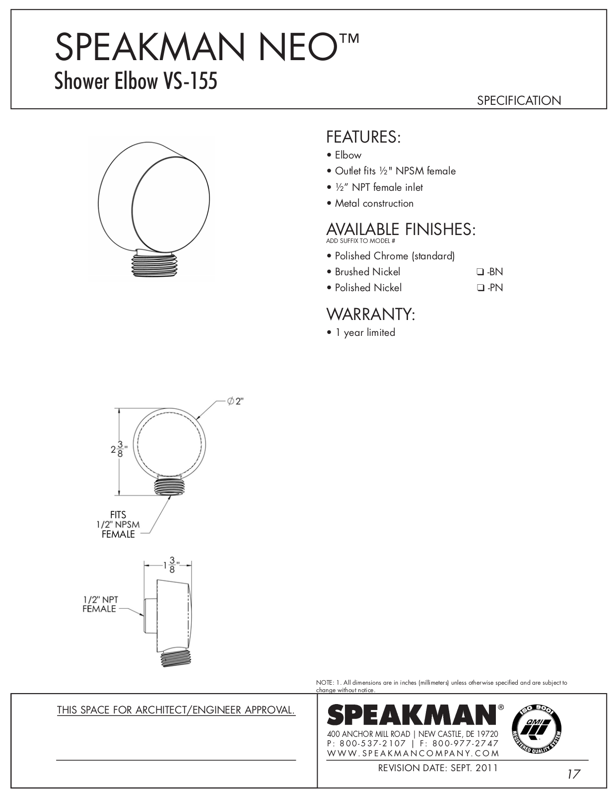 Speakman SPK2304 Specification Sheet - ManualMachine.com