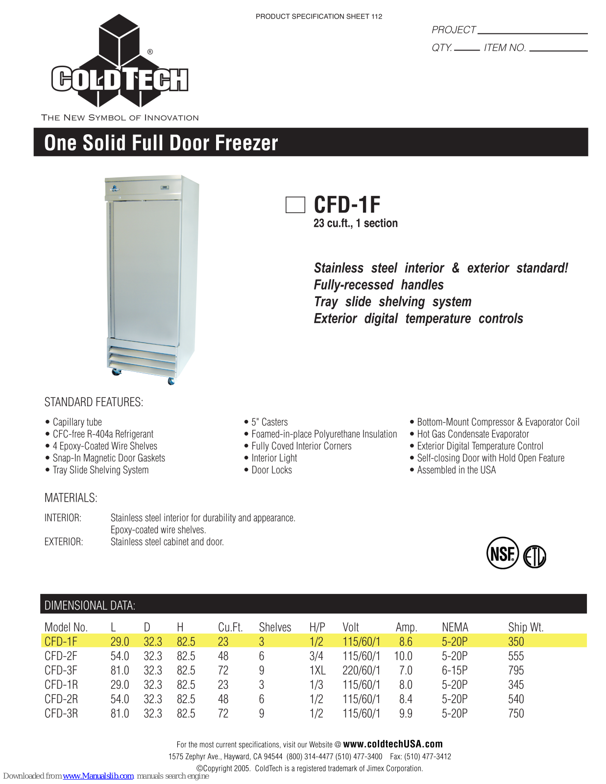 ColdTech CFD-1R, CFD-1F Specifications