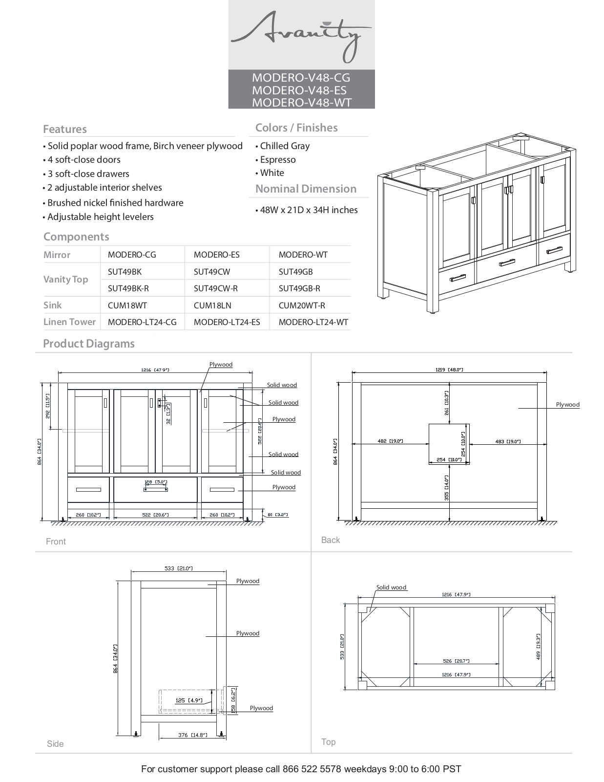 Avanity MODEROV48NB Specifications