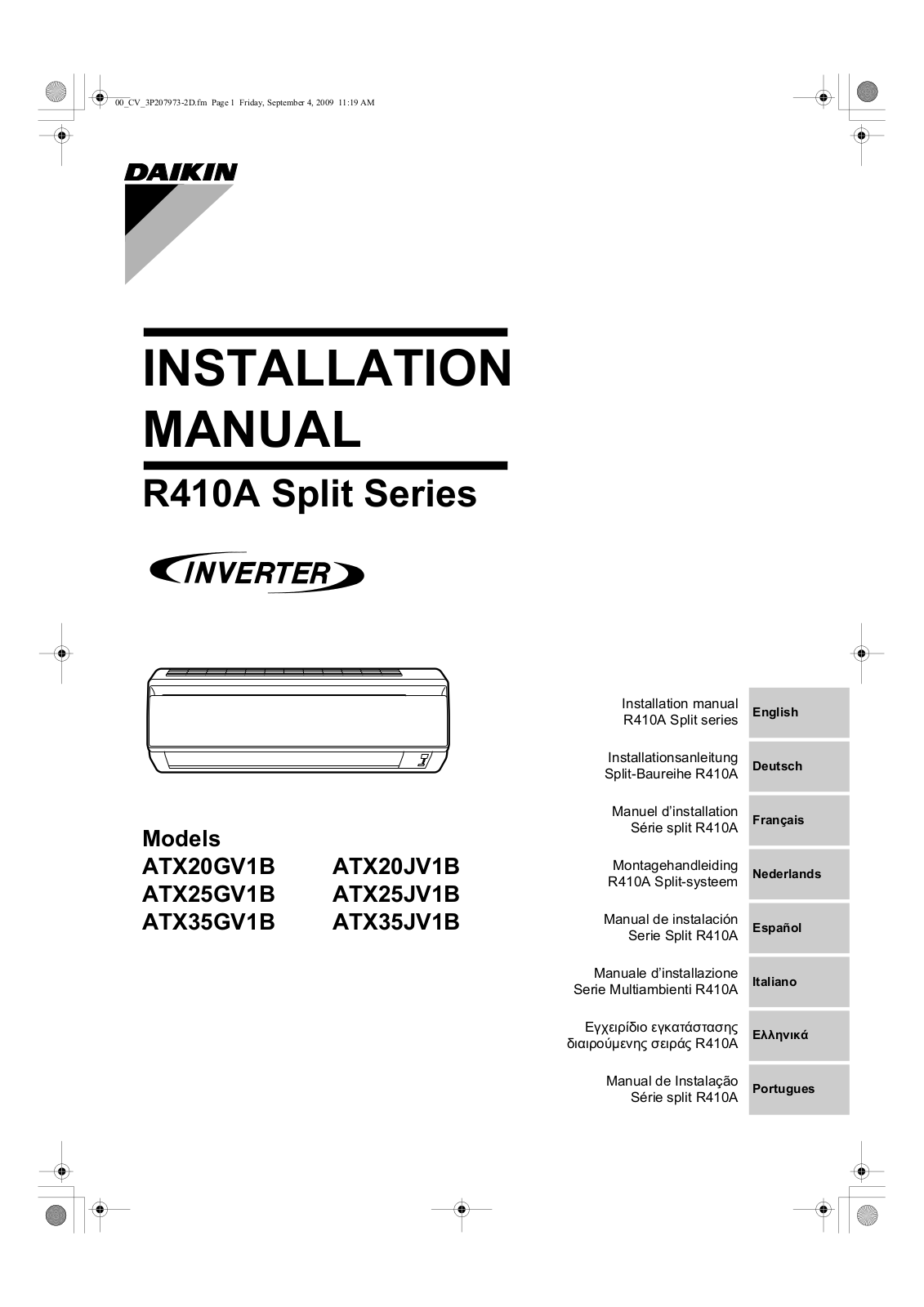 Daikin ATX20GV1B, ATX20JV1B, ATX25GV1B, ATX25JV1B, ATX35GV1B Installation manuals