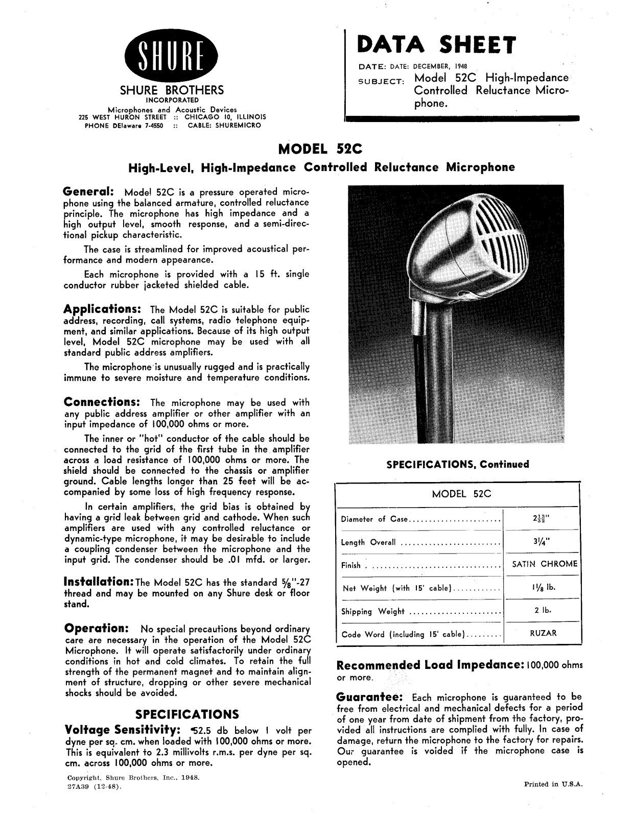 Shure 52C User Guide