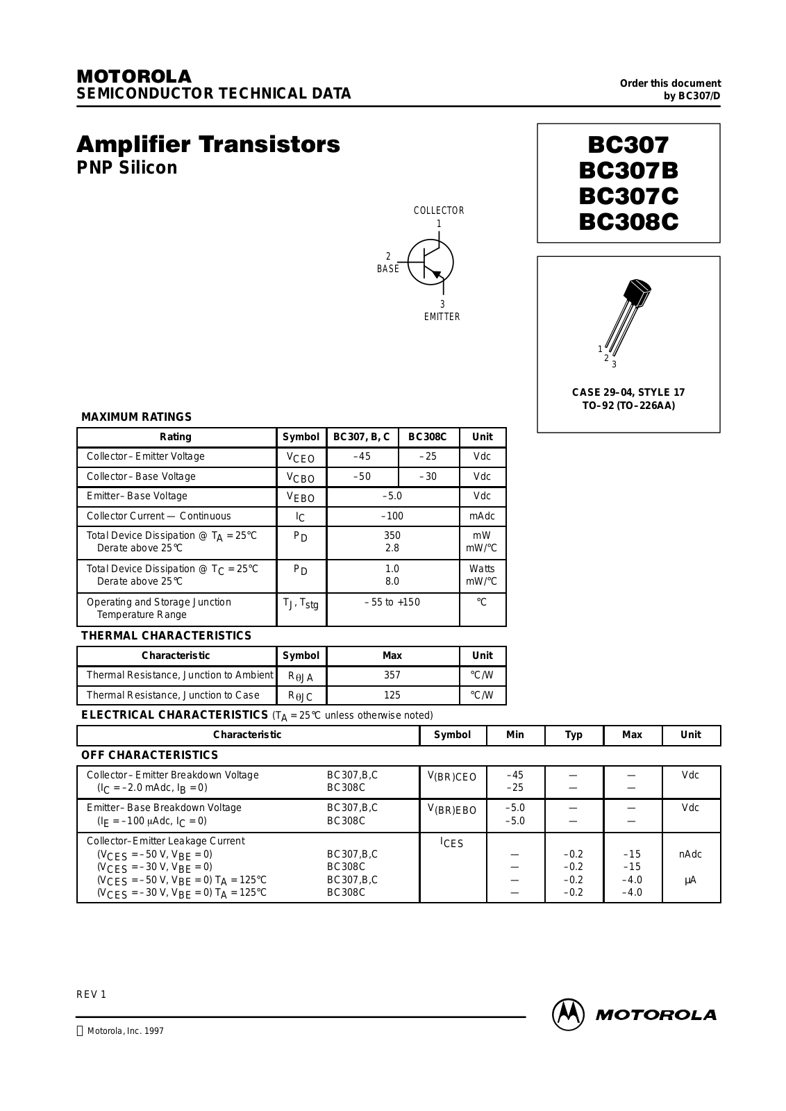 ON Semiconductor BC308C, BC307CZL1, BC307C, BC307BZL1, BC307BRL1 Datasheet