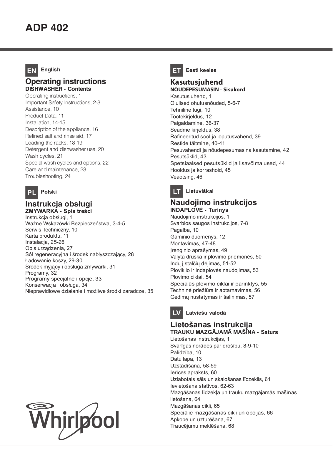 Whirlpool ADP 402 IX Operating Instructions