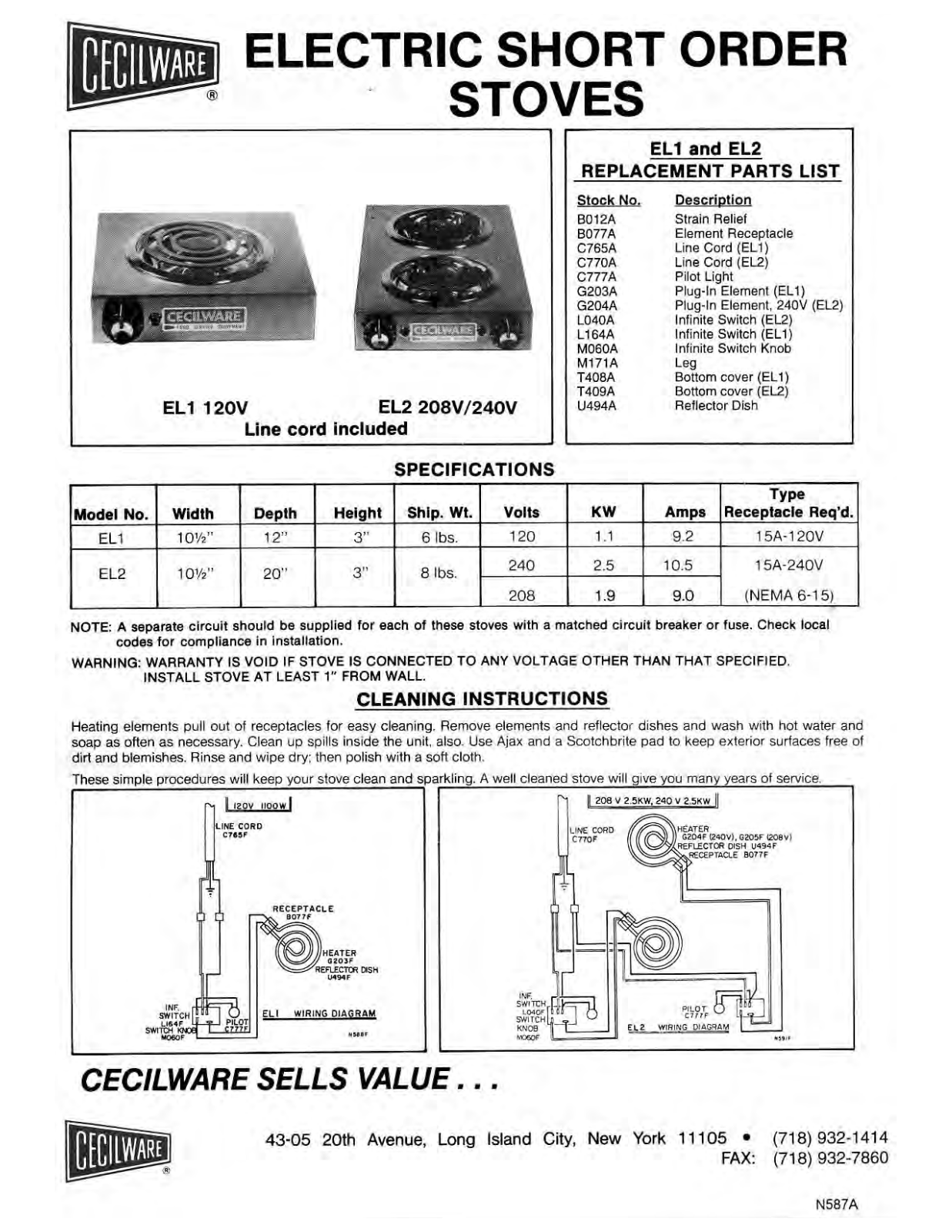 Cecilware EL1 12OV, EL2 208V, EL2 24OV User Manual