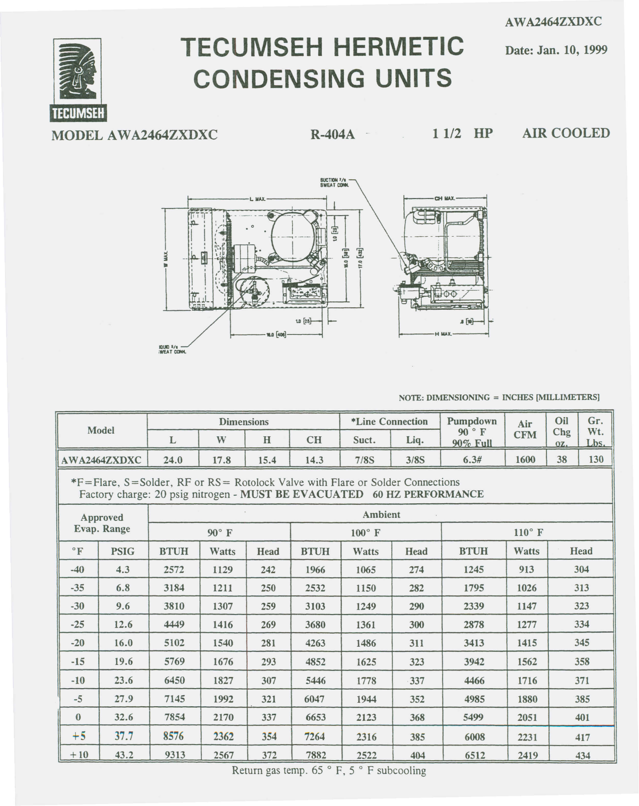 Tecumseh AWA2464ZXDXC Performance Data Sheet