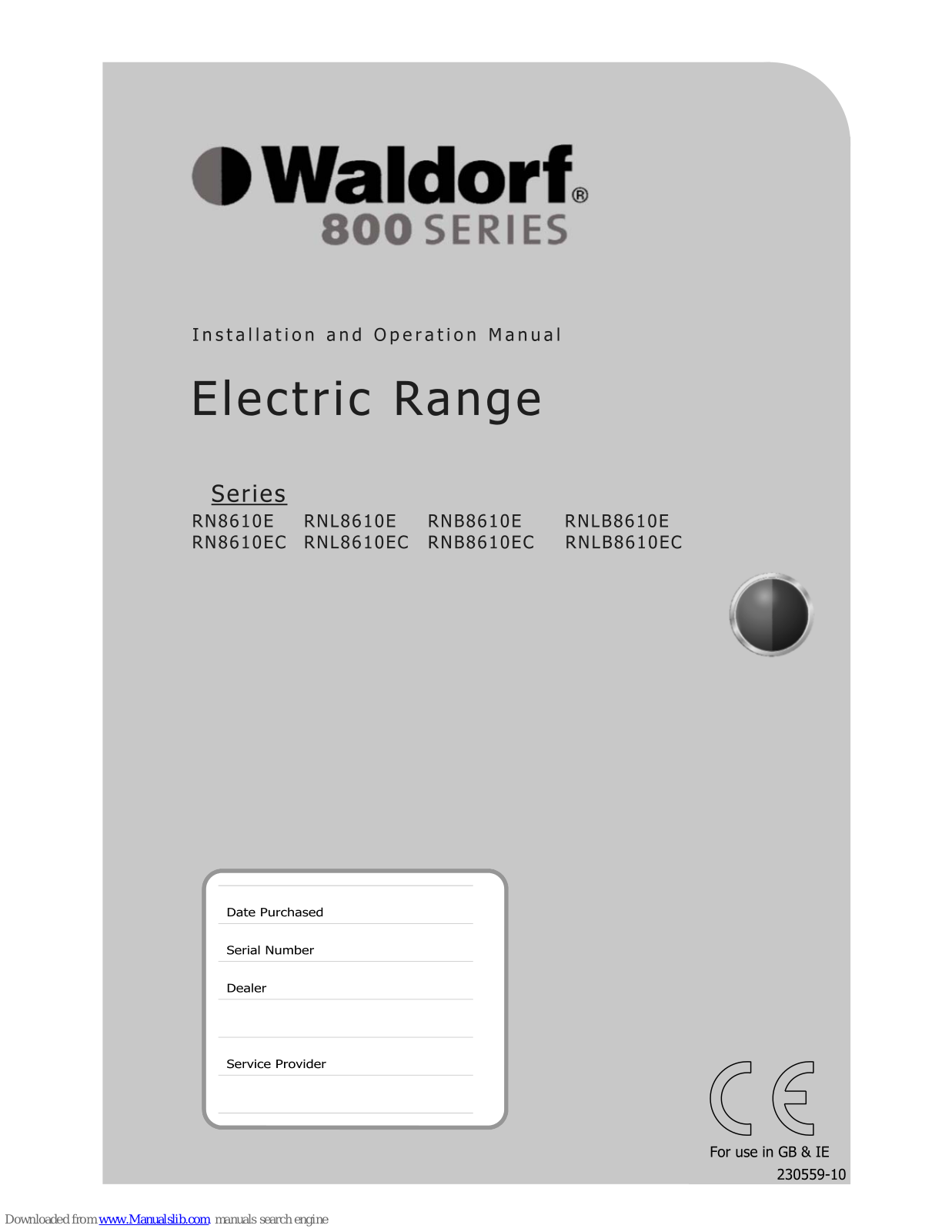 Waldorf RN8610E, RNL8610E, RNLB8610E, ECRN8610EC, RNL8610EC Installation And Operation Manual