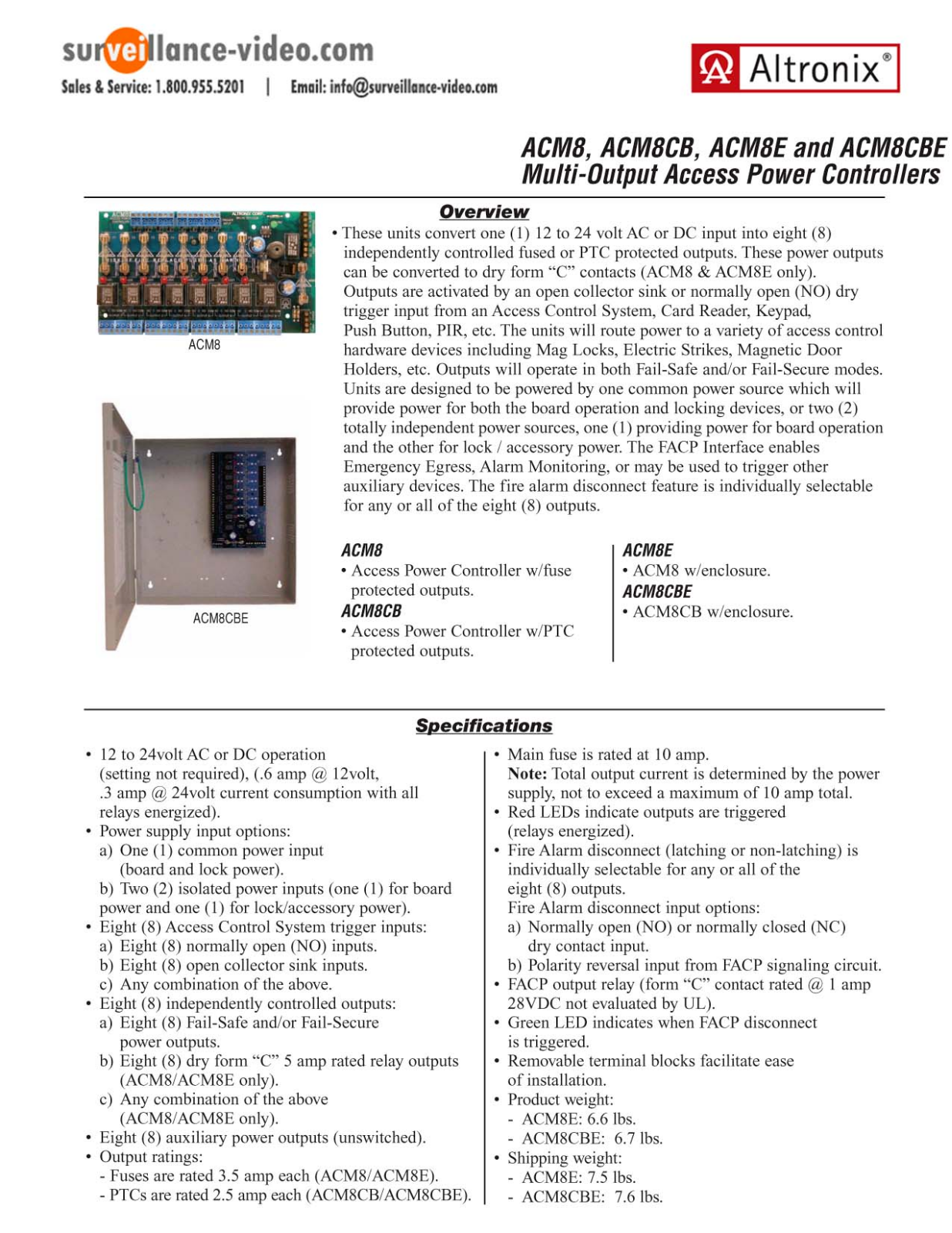 Altronix ACM8CBE Specsheet