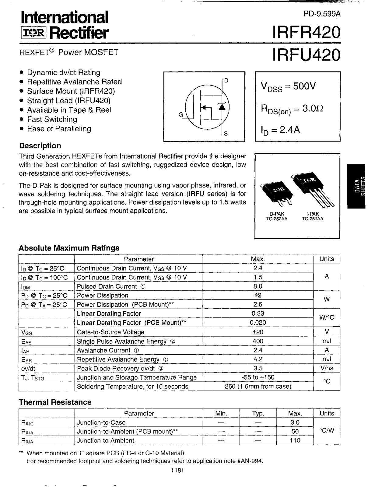 International Rectifier IRFU420, IRFR420 Datasheet