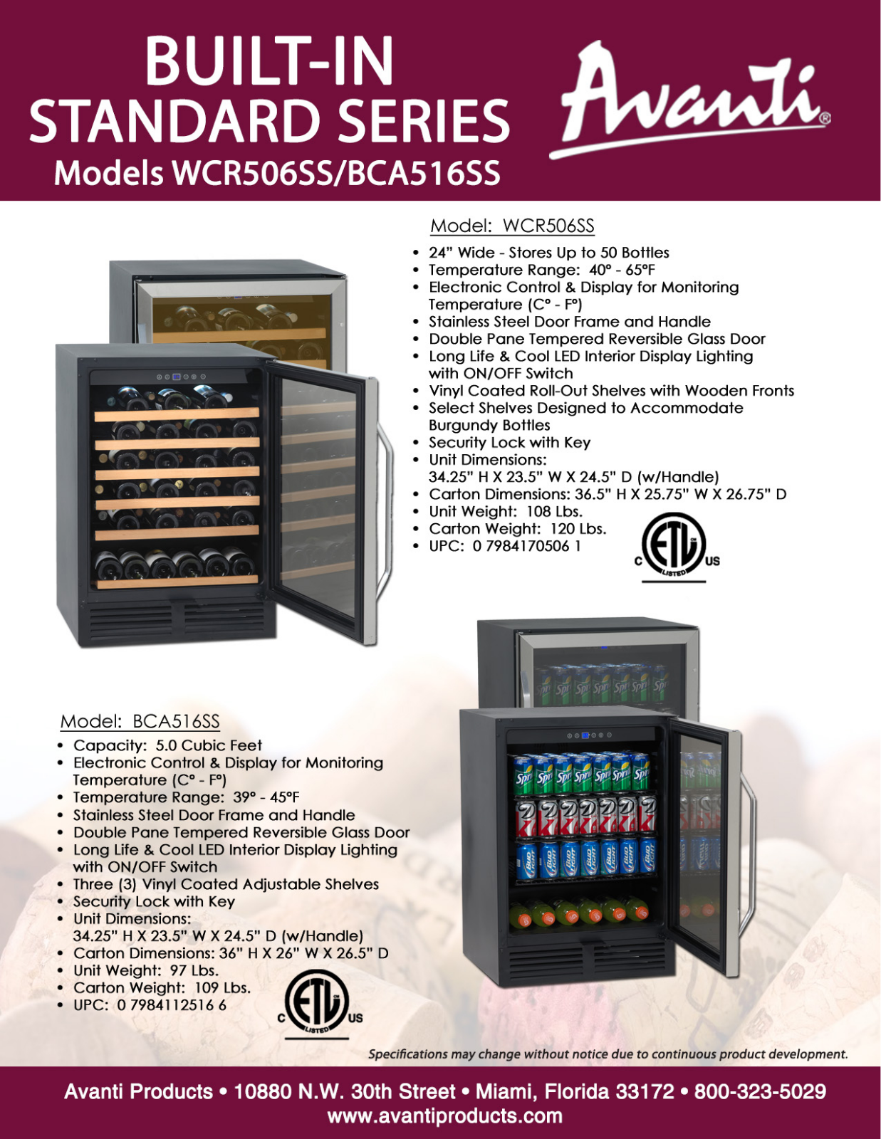 Avanti BCA516SS, WCR506SS Catalog Page