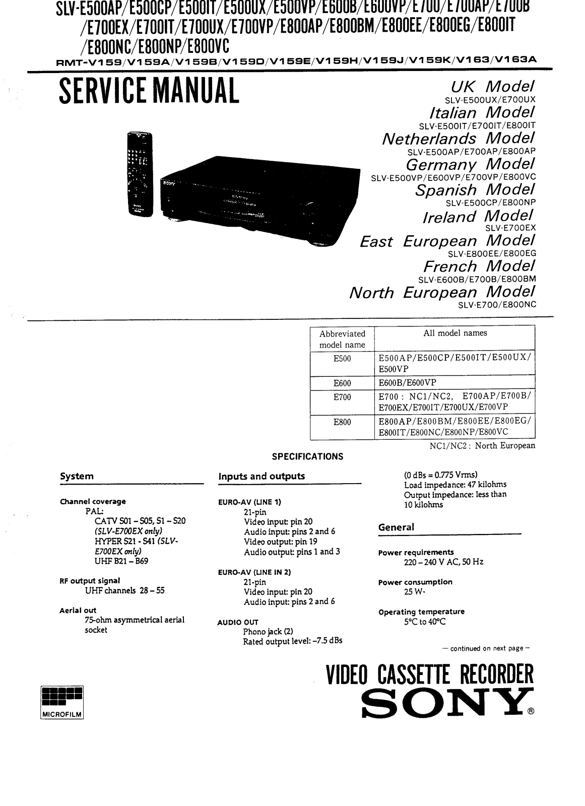 SONY SLV-E500, SLV-E600, SLV-E700, SLV-E800 SERVICE MANUAL