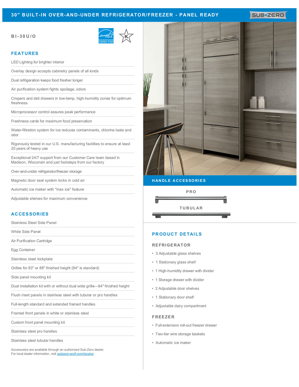 Sub-Zero BI30UORH, BI30UOLH Specification Sheet