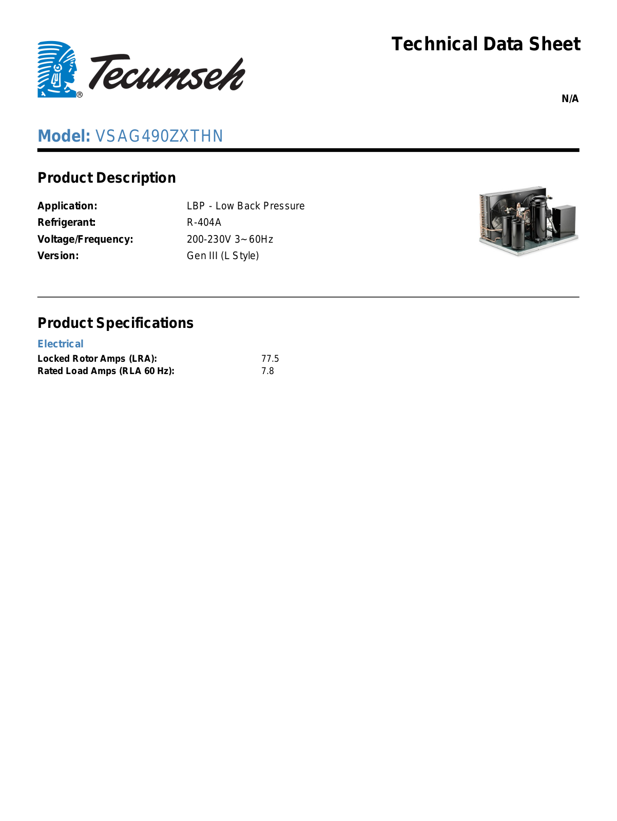 Tecumseh VSAG490ZXTHN Technical Data Sheet