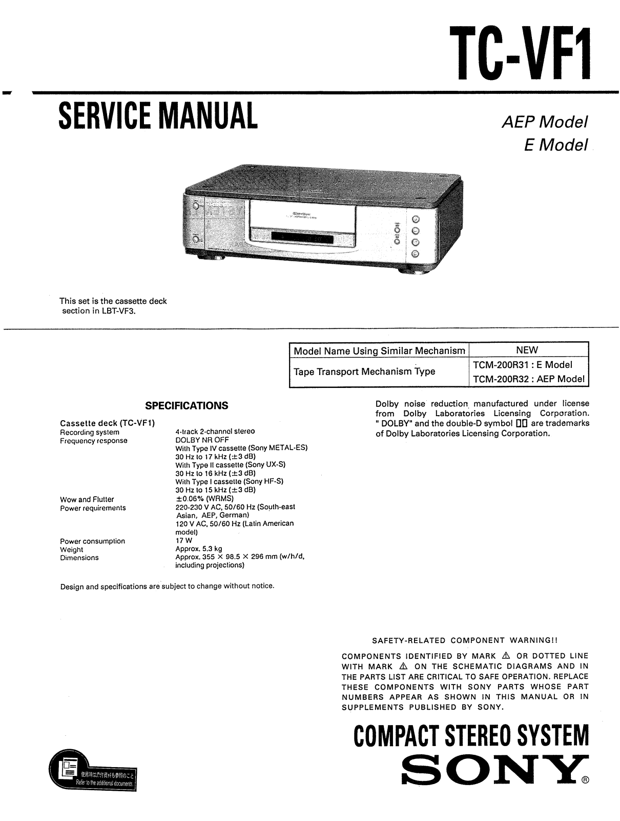 Sony TCVF-1 Service manual