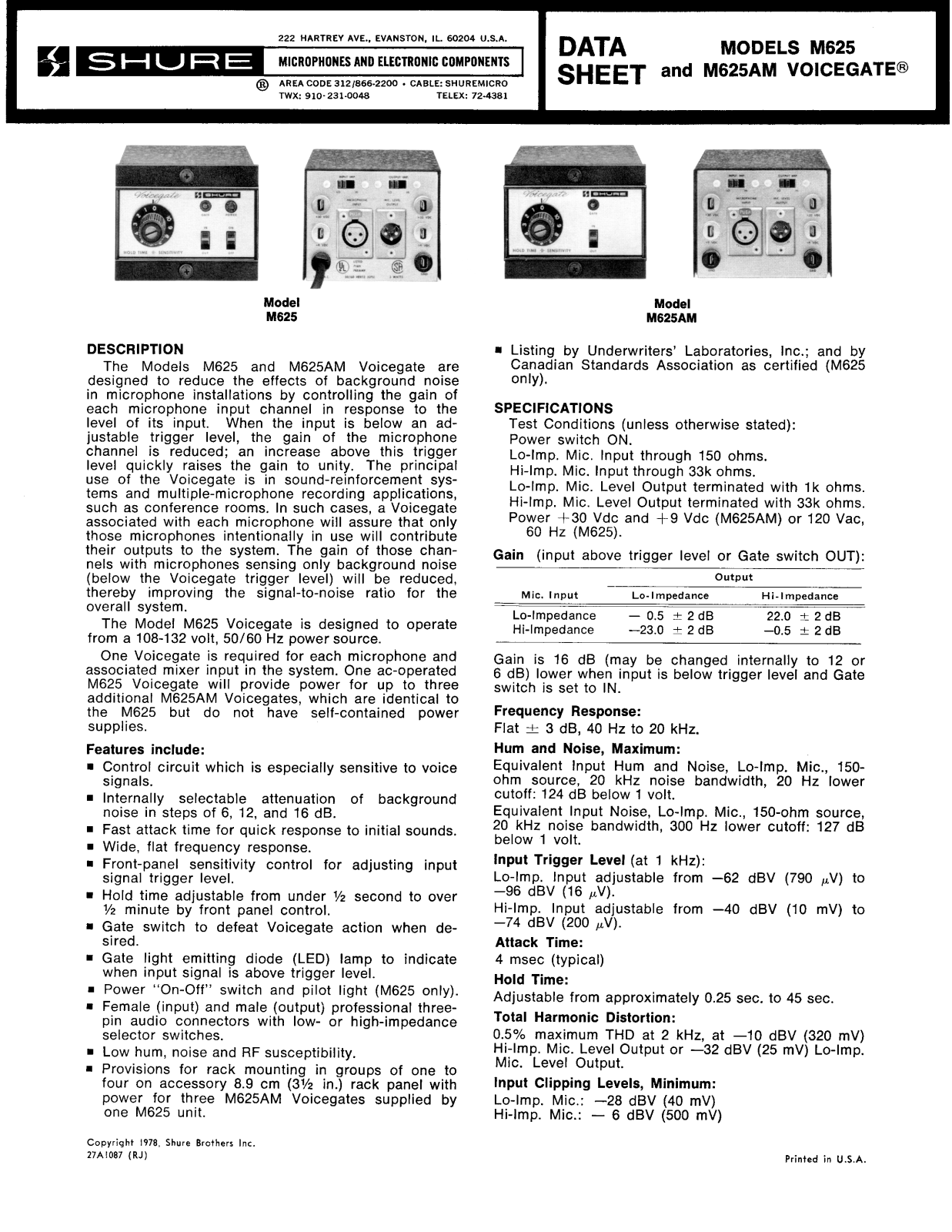 Shure M625AM Datasheet