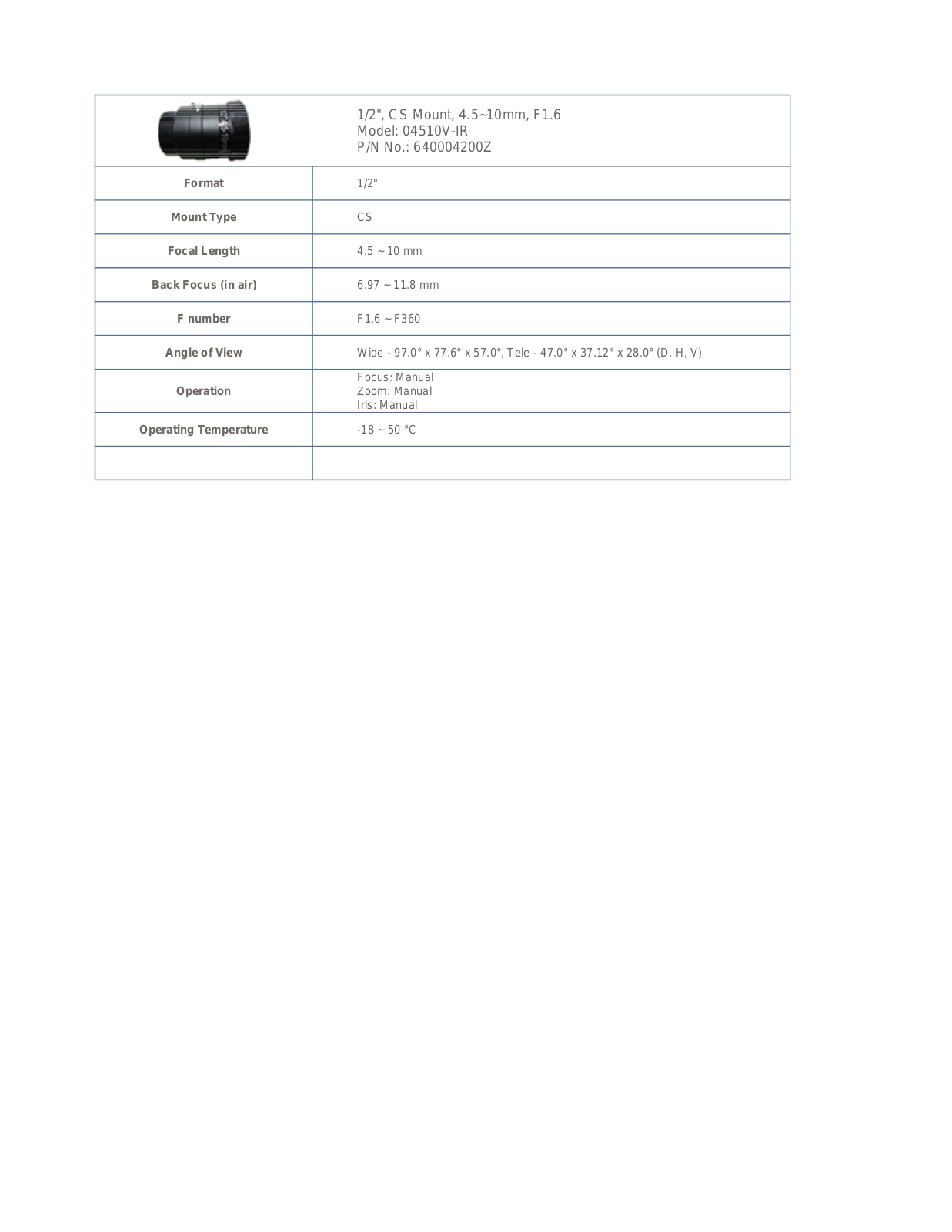 Vivotek 04510V-IR Specsheet