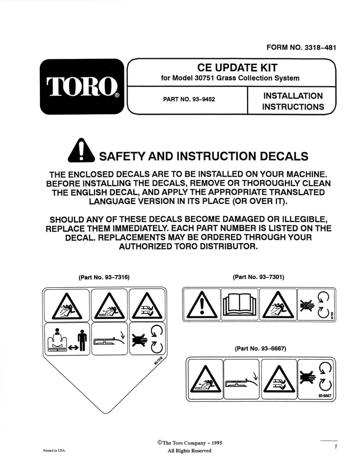 Toro 93-9452 Installation Instructions