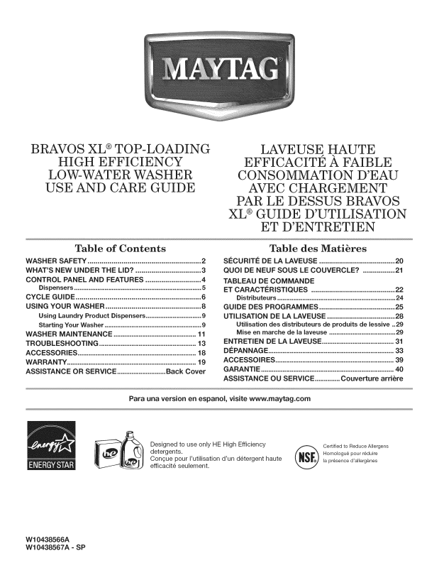 Maytag MVWB850YW1, MVWB850YW0, MVWB850YG1, MVWB850YG0, MVWB750YW0 Owner