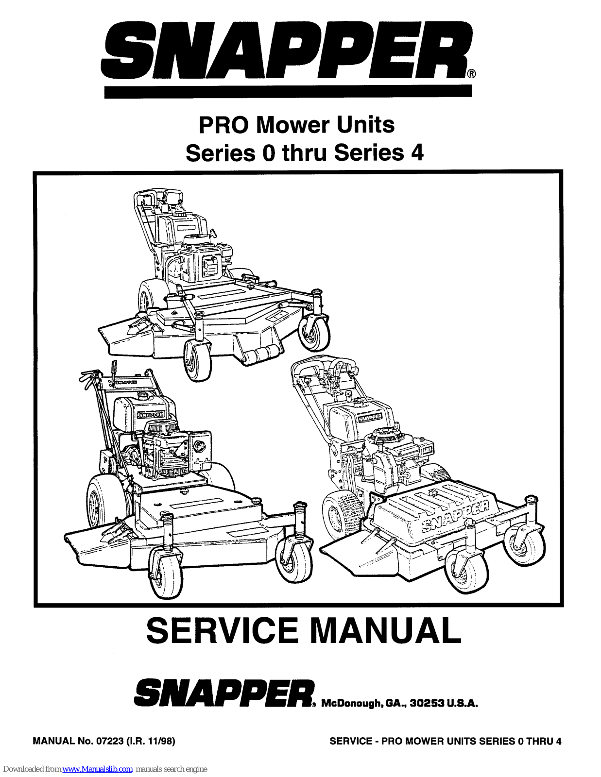 Snapper Series 0 thru Series 4, PRO Series 0, PRO Series 1, PRO Series 2, PRO Series 3 Service Manual