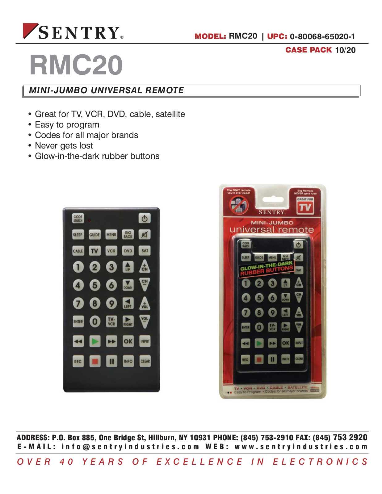 Sentry Industries 0-80068-65020-1, RMC20 User Manual