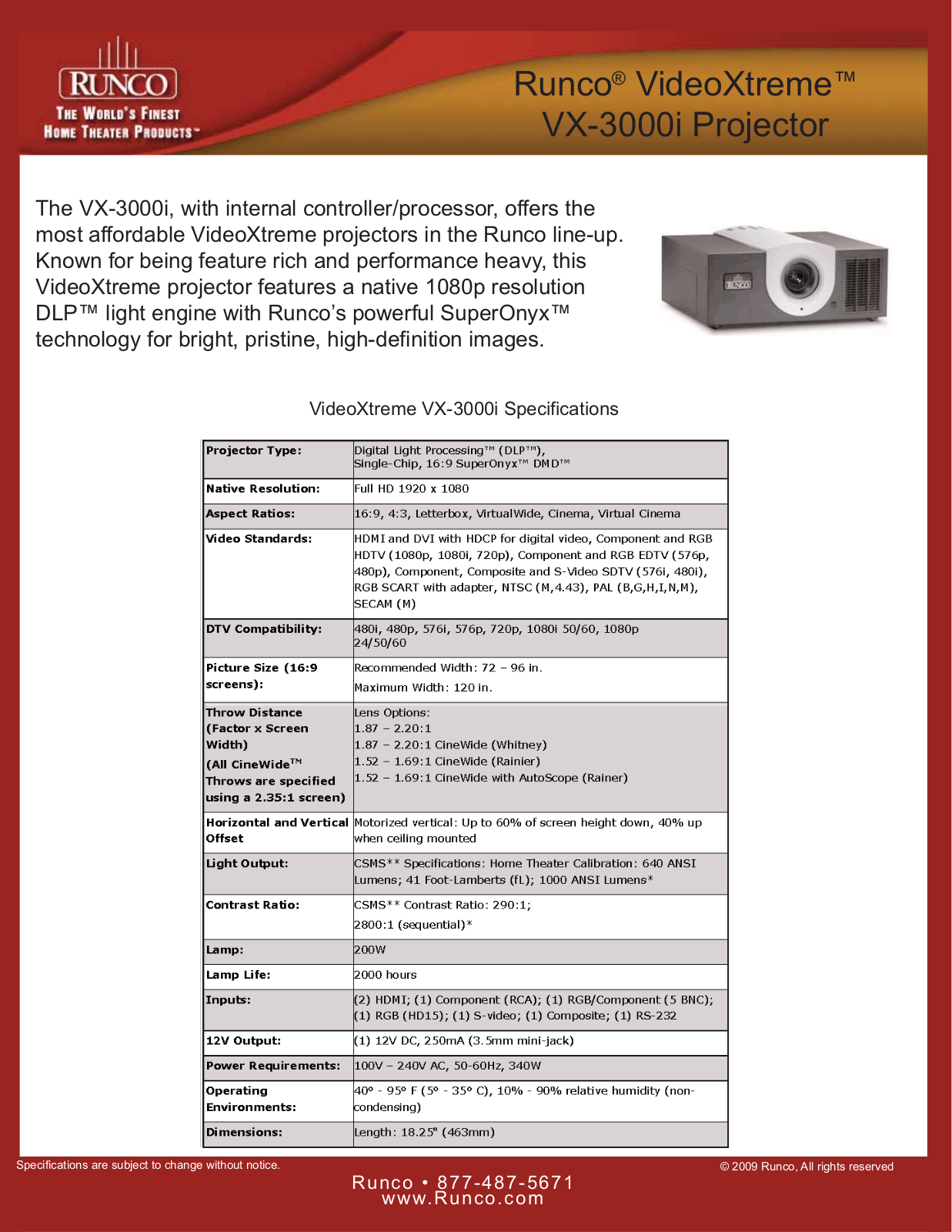 Runco VX-3000i Product Sheet