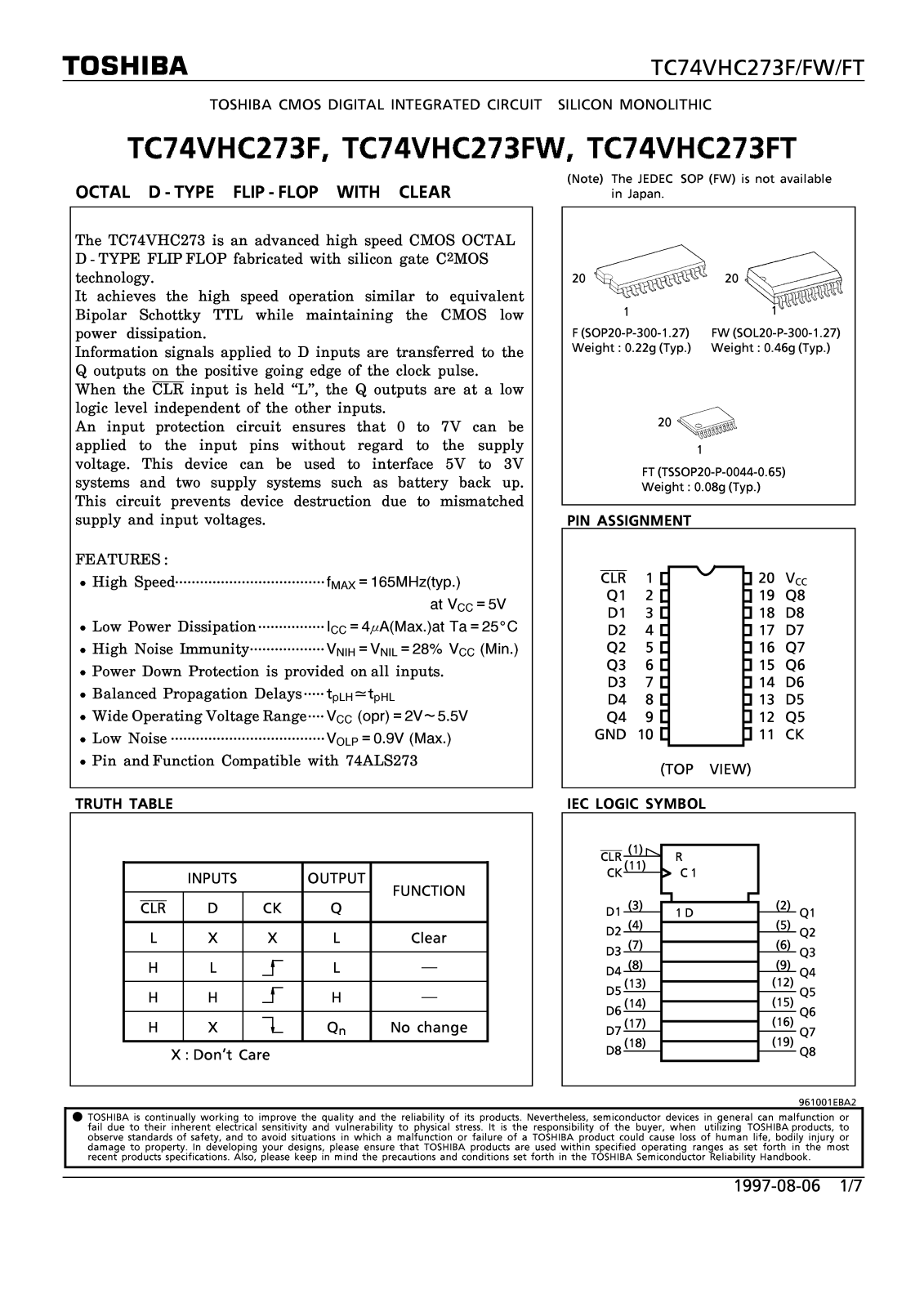 Toshiba TC74VHC273FT Datasheet