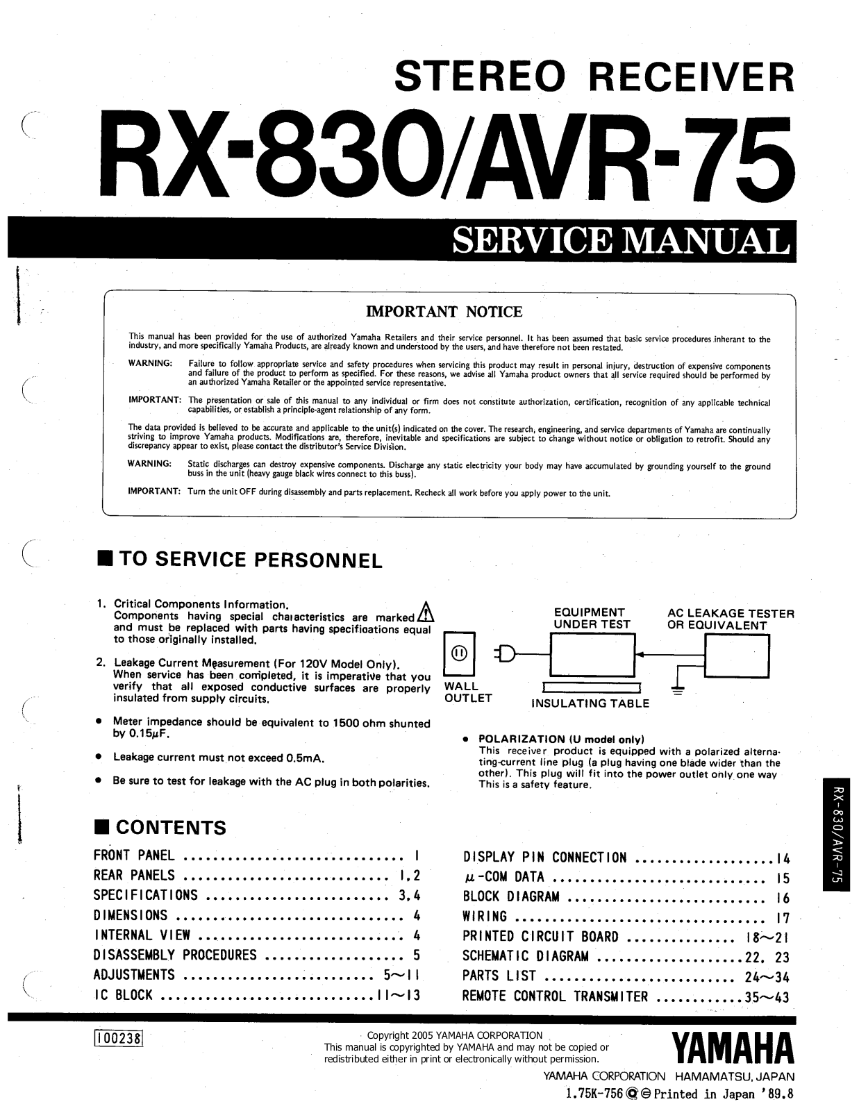 Yamaha AVR-75, RX-830 Owners manual