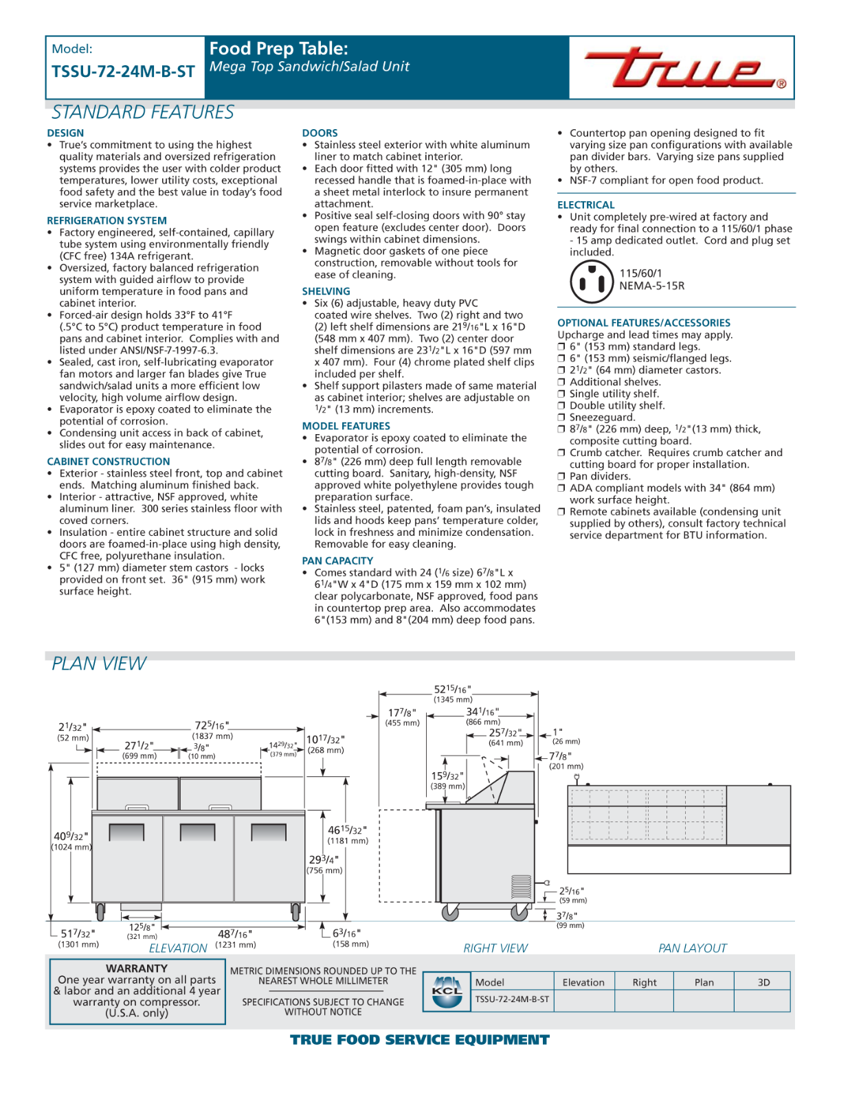 True Manufacturing TSSU-72-24M-B-ST General Manual