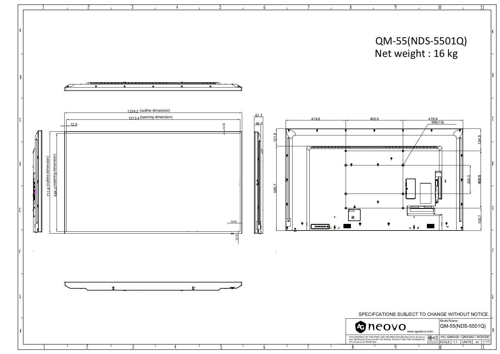 AG neovo QM-55 Dimensional drawing