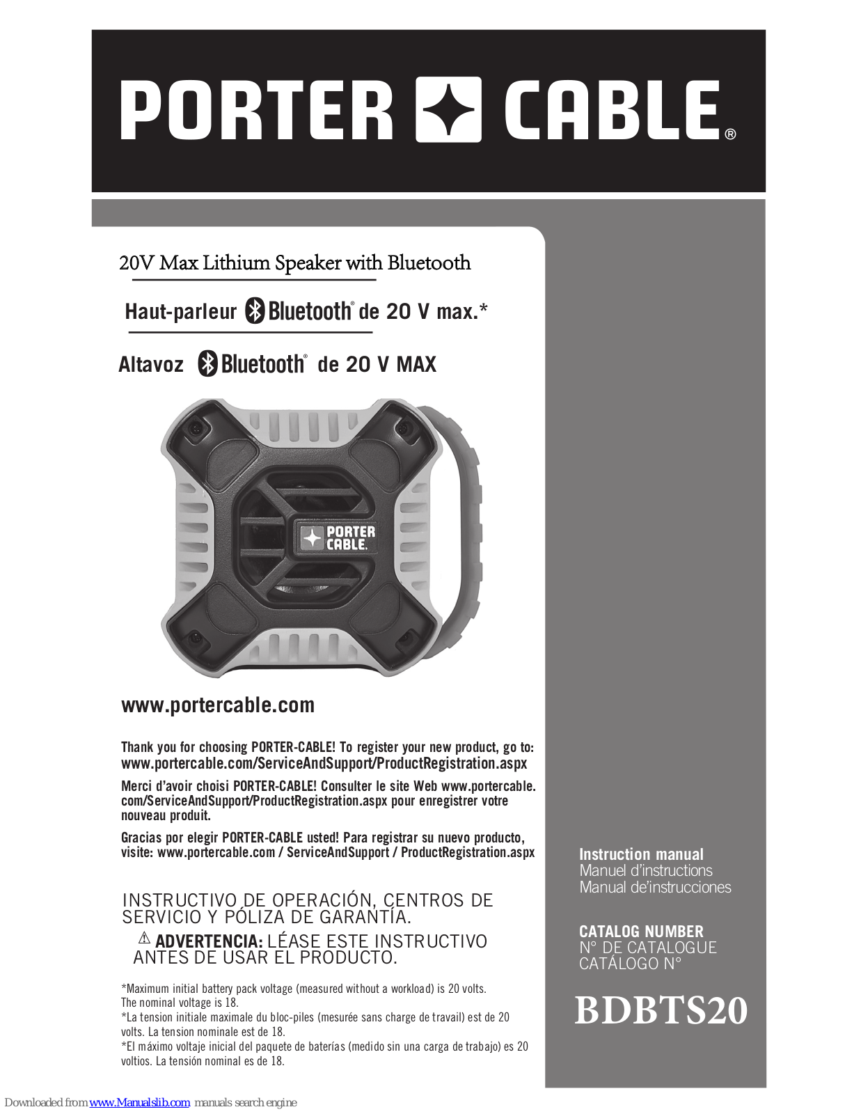 Porter-Cable BDBTS20 Instruction Manual