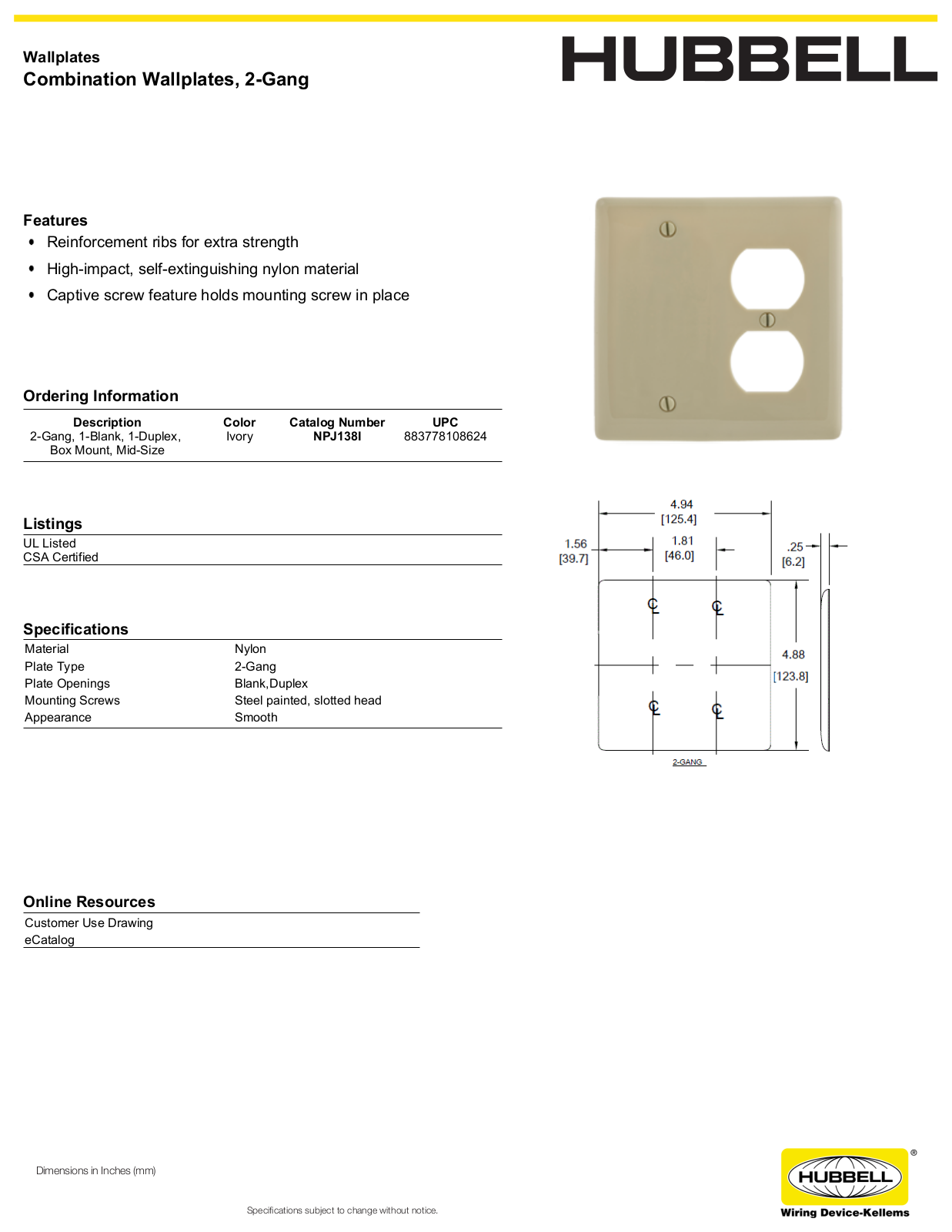 Hubbell NPJ138I Specifications