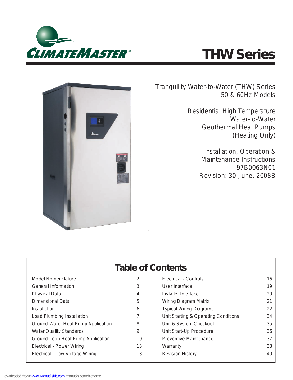ClimateMaster THW Series Installation, Operation & Maintenance Instructions Manual - ManualMachine.com