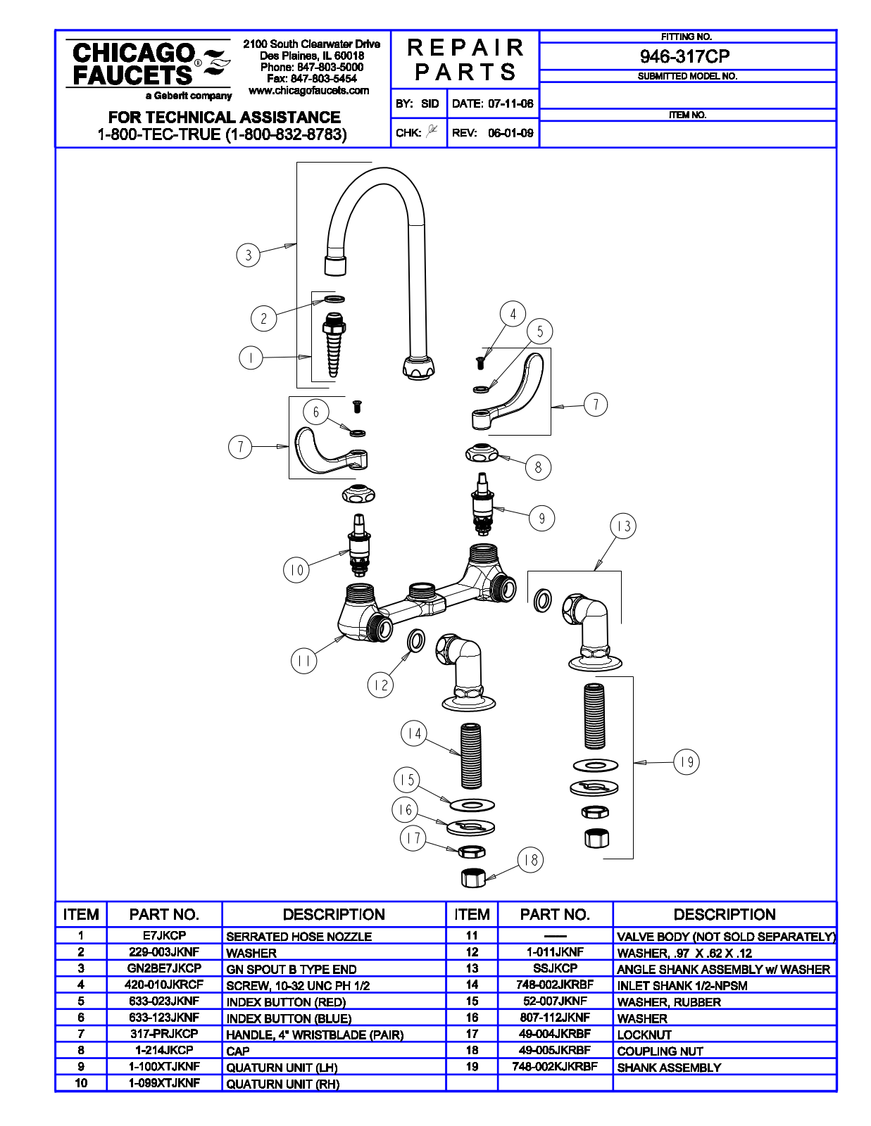 Chicago Faucet 946-317CP Parts List